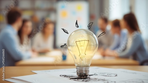 Creative Business Team Discussion with Bright Light Bulb and Insights on Workspace Table