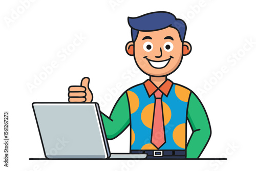 Happy cartoon businessman giving thumbs up next to laptop expressing success and approval in a professional setting