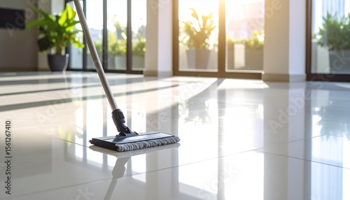 お掃除、モップと床の清掃の画像、ピカピカ
