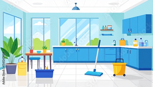 お掃除、モップと床の清掃の画像、ピカピカ