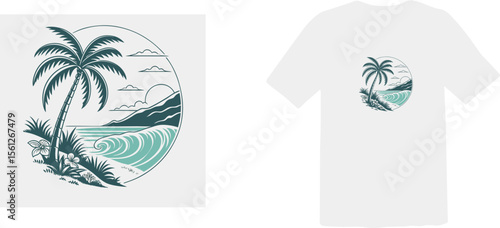 Tropical Beach Palm Tree and Ocean Wave Circle T-Shirt Design Vector