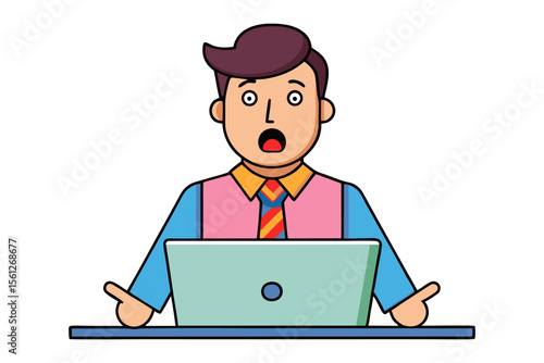 Shocked businessman expressing surprise and astonishment while working on his laptop computer