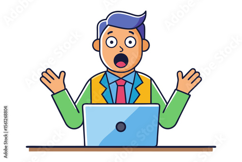 Shocked businessman reacts to surprising news on laptop with wide eyes and open mouth arms raised in astonishment