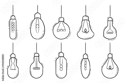 Set of different types of bulb doodles, filament bulb doodles
