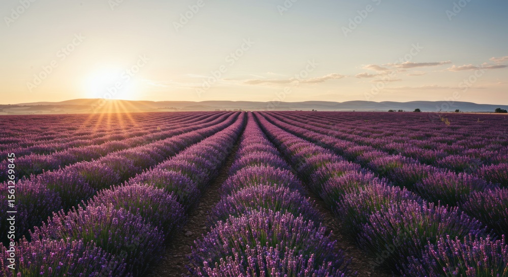 Fototapeta premium Scenic lavender field under the radiant sun at dawn provides a tranquil and visually captivating