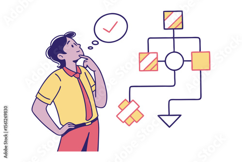 A thoughtful person with a checkmark in a thought bubble considers a simple flowchart diagram with various shapes and connections