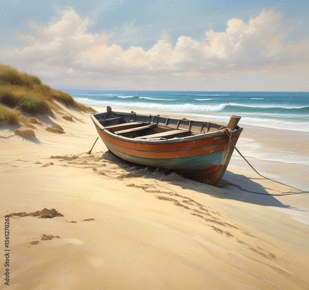 Fototapeta premium Illustration of demaged boat on ocean coastline.