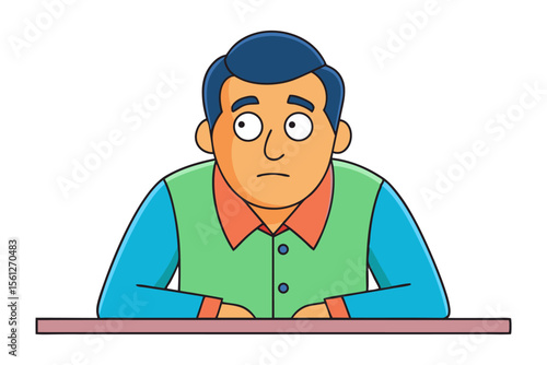 Cartoon man with blue hair and a worried expression sits at a table wearing a green vest over a blue shirt and orange collar