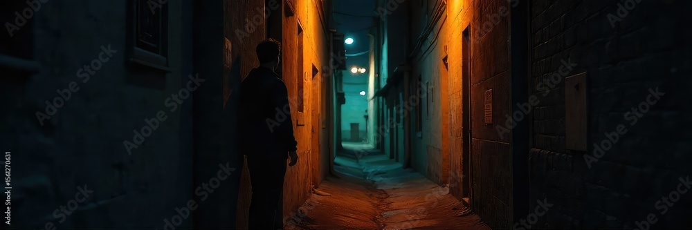 Fototapeta premium Shadowy Surveillance A Discreet Observer in a Dimly Lit Alleyway at Night