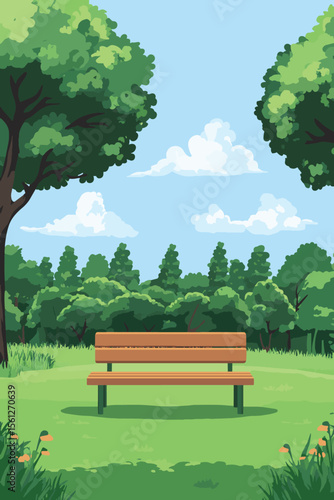 Minimal Park Vector with Tree Bench and Green Lawn Scene, vector style simple color