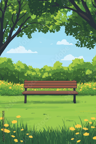 Minimal Park Vector with Tree Bench and Green Lawn Scene, vector style simple color