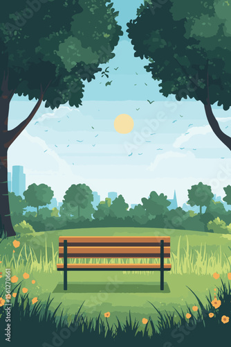 Minimal Park Vector with Tree Bench and Green Lawn Scene, vector style simple color