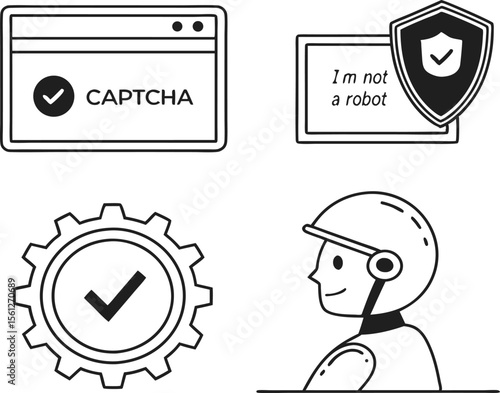 Vector art of a captcha verification process with a robot isolated on white background