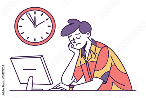 A bored and tired person sitting at a computer with a clock showing it is late feeling unmotivated
