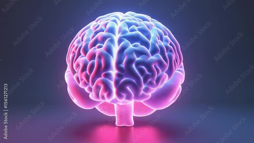 Animation of a rotating 3D model of a human brain glowing with neon blue and pink light. For topics of artificial intelligence, neuroscience and high technology.