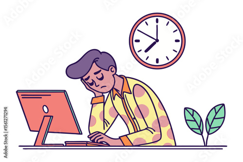 A tired person with purple hair rests their head on their hand while looking at a computer screen with a clock and plants nearby