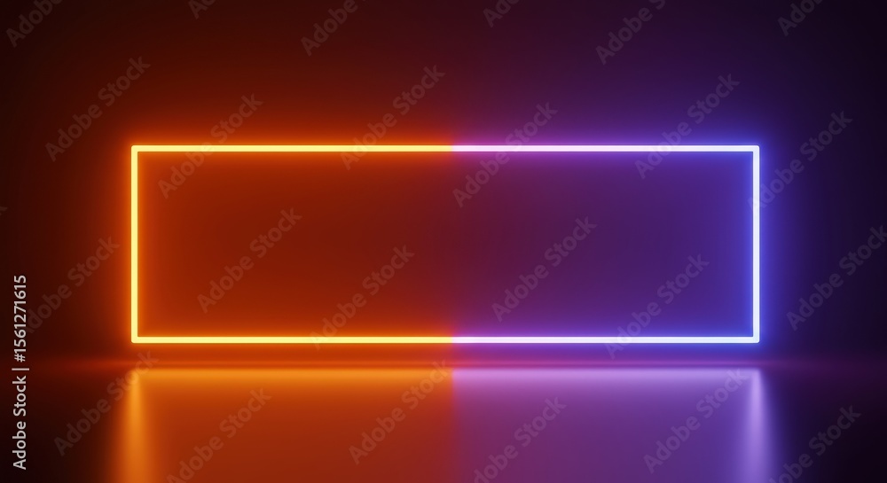 A dark studio features a rectangular frame with vibrant neon orange and blue lights A dark studio features a rectangular frame with vibrant neon orange and blue lights