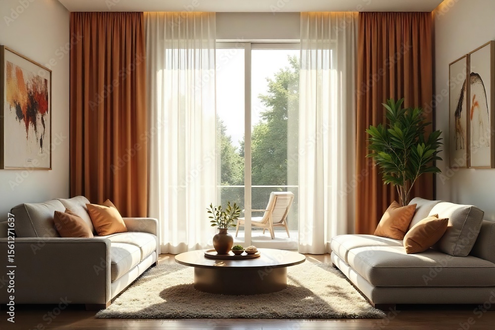 Fototapeta premium Sunlight Filtering Through Elegant Sheer Curtains in a Modern Living Room, Creating a Warm and Inviting Ambiance Perfect for Home Decor Inspiration