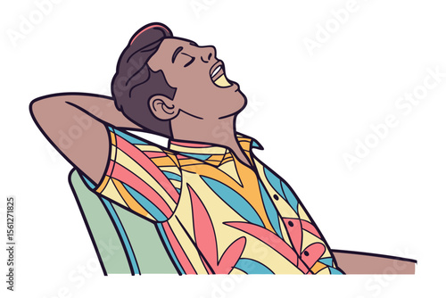 Relaxed man with arms behind head wearing a colorful patterned shirt enjoys a moment of blissful serenity