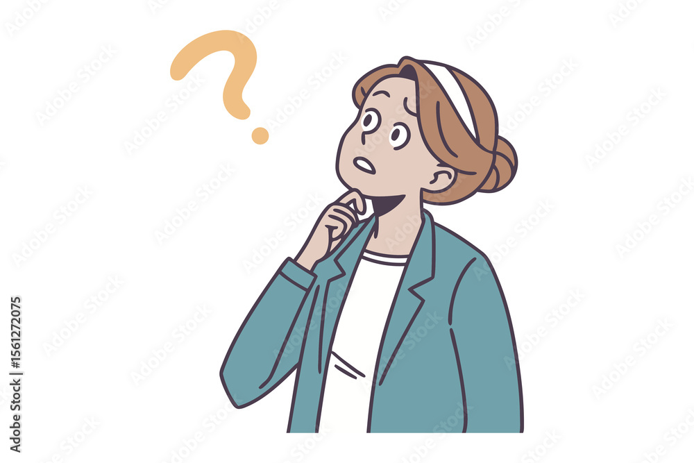 Woman pondering a question: A thoughtful young woman ponders a question, her hand on her chin, a question mark floating above her head. Her expression is one of contemplation and uncertainty. Woman pondering a question: A thoughtful young woman ponders a question, her hand on her chin, a question mark floating above her head. Her expression is one of contemplation and uncertainty.