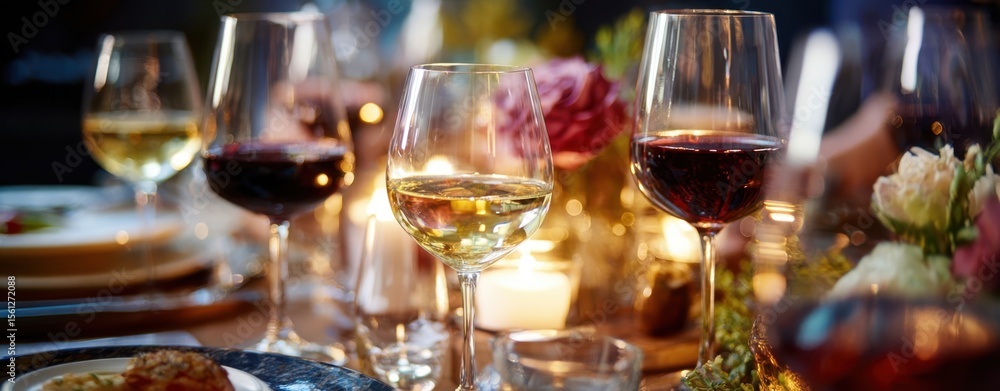 The elegant wine glasses set on a beautifully arranged dining table. The elegant wine glasses set on a beautifully arranged dining table.