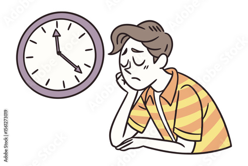 A person looking bored and sad while waiting for time to pass next to a clock