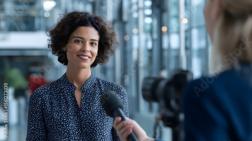 Confident african american woman smiles brightly while being interviewed with a microphone in a modern office setting.