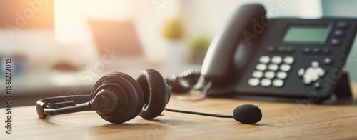 The headset and telephone set in a modern office environment.
