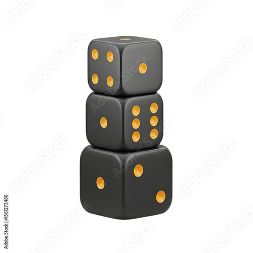 Stacked Black Dice with Gold Dots on Transparent Background