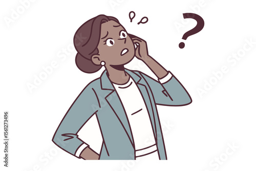 Confused Woman with Question Mark: A woman, looking perplexed with a question mark overhead, struggles to comprehend a phone call's details, with an expression of confusion.
