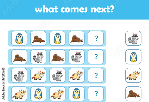 What comes next. Logical activity for preschool children with cute wild animals. Vector Illustration