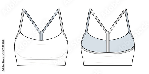 Y-Back Sports Bra Technical Fashion Illustration. Seamless V-Neck Active Bra with Wide Underband Vector Template. Front and Back View. Women’s Activewear. CAD Mockup.