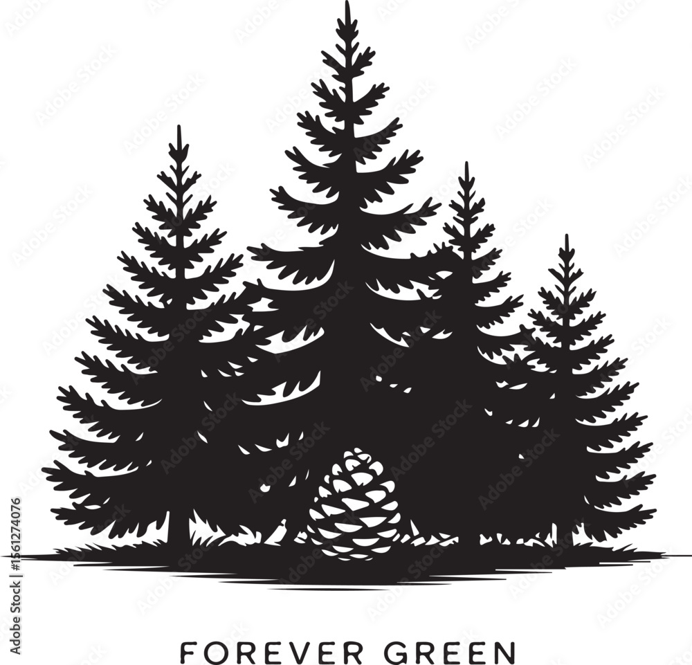 Fototapeta premium Silhouette of Evergreen Trees and a Pinecone a Forest Scene Depicted in Black and White