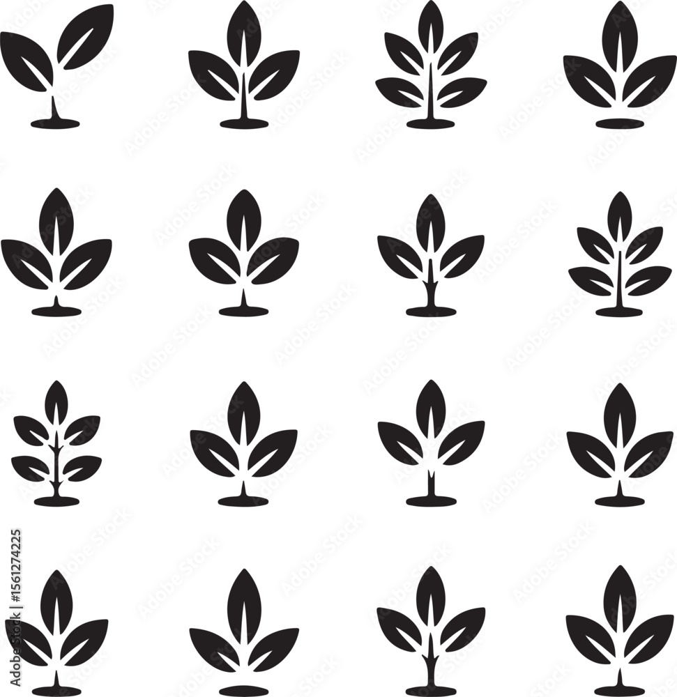 Obraz premium Elegant Set of Black and White Leafy Plant Illustrations Depicting Growth and Nature's Simplicity in Graphic Design