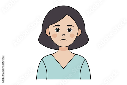 Sad Girl Cartoon Illustration: A simple cartoon illustration of a young woman with short dark hair, expressing sadness or disappointment with her downcast eyes and subtle frown. 