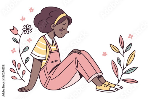 Serene Contemplation in Nature: A young person finds solace in nature, seated amidst delicate botanical elements and soft, warm color palette.