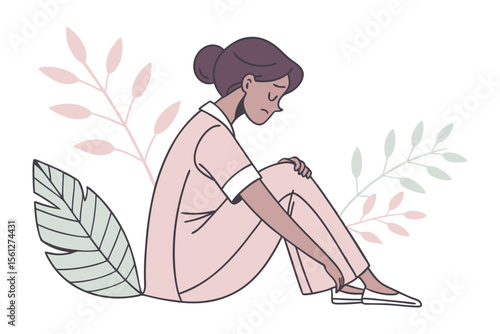 Melancholy contemplation amidst nature's embrace: A solitary figure, lost in thought, finds solace in the tranquil presence of botanical elements.