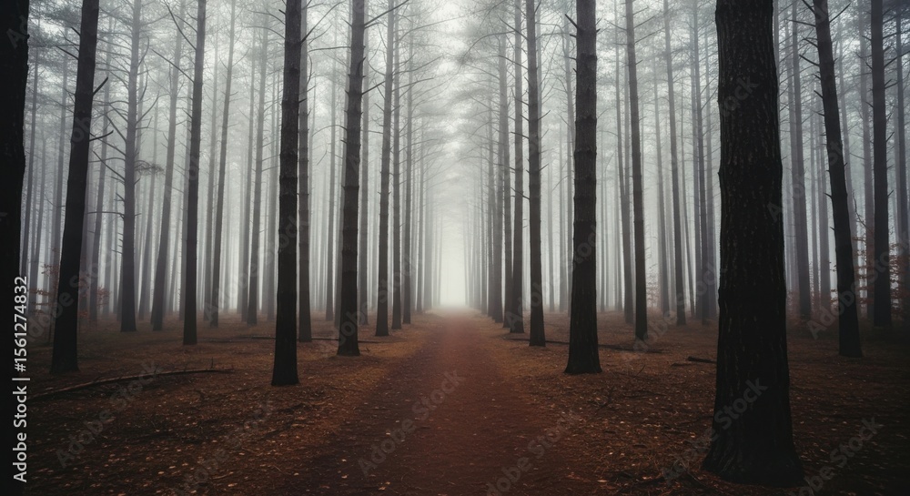Naklejka premium Mysterious Path Through a Foggy Forest Landscape in Autumn