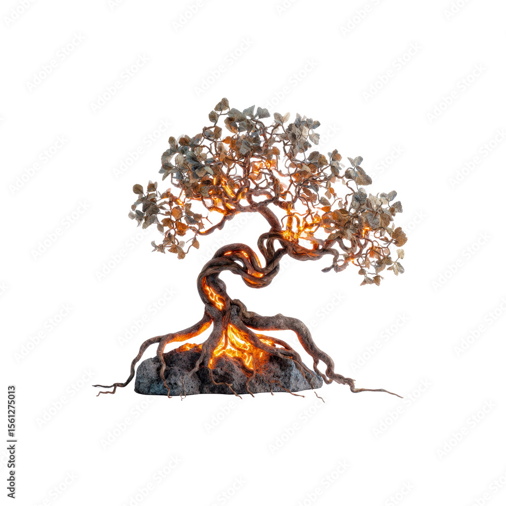 Fototapeta premium Glowing Bonsai Tree Mystical Illuminated Roots and Branches