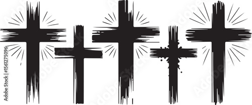 Silhouette Crosses Collection Depicting Christian Faith Symbolism with Varied Artistic Styles in Black and White Composition