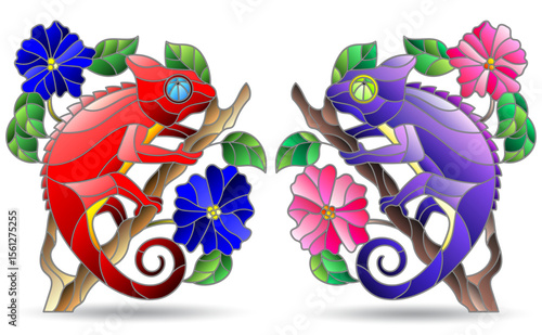 Illustration in the style of a stained glass window with bright chameleons, bright animals isolated on a white background