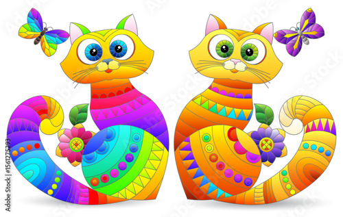 A set of stained glass elements with rainbow cats , isolated images on white background