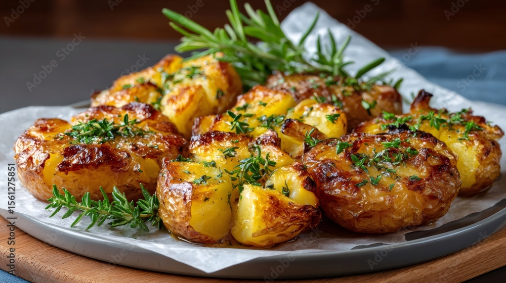 Chef preparing smashed potatoes with rosemary and thyme for dinner Chef preparing smashed potatoes with rosemary and thyme for dinner