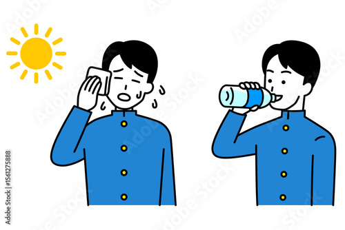 熱中症対策をする男子学生　セット