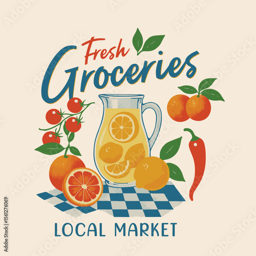 Fresh groceries in local market slogan . orange, lemon, chil tomato mixe together in local market . color separation screen print food fashion graphics. lemon juice vector. food print t shirt design. 