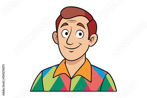 Friendly cartoon man with red hair and a colorful geometric patterned shirt smiling happily