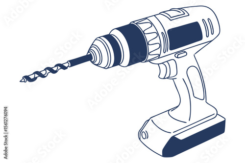 Minimal Line Drawing of Electric Drill with Spiral Bit on White