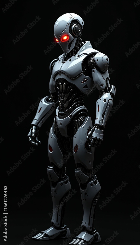 Naklejka premium A angry ai robot with glowing eyes that seem to pierce through the darkness, A robot with glowing red eyes standing in darkness, AI generated