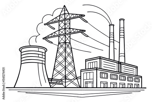 Minimalist Line Art of Power Plant Generators for Industrial Wall Prints