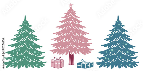 Festive Watercolor Christmas Tree Set with Pink Blue and Green Pines